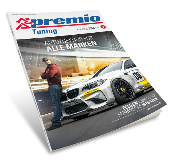 Premio Tuning Katalog Titel des aktuellen Premio Tuning Katalog: Pierre Dingsbums lehnt an gelb schwarem Auto