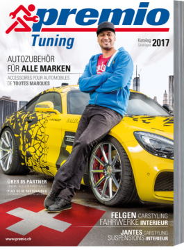 Premio Tuning Katalog Titel des aktuellen Premio Tuning Katalog: Pierre Dingsbums lehnt an gelb schwarem Auto